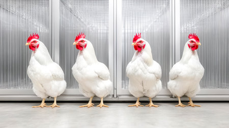 Four white chickens standing in front of cages in a poultry farmの素材