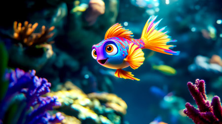 Colorful cartoon fish swimming in coral reefの素材