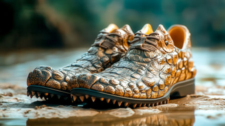 Crocodile leather shoes resting on a riverbank, luxury and styleの素材