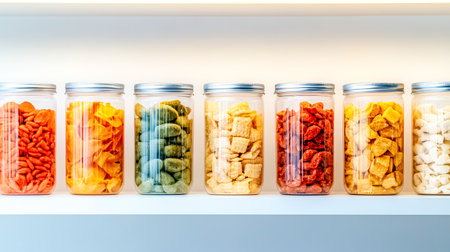 Colorful dried food displayed on shelf in transparent jarsの素材