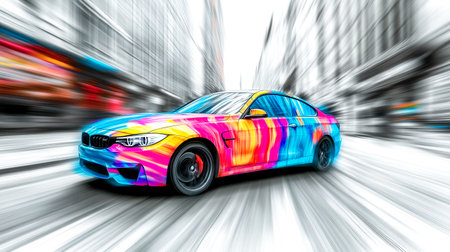 Colorful sports car driving fast on city streetの素材