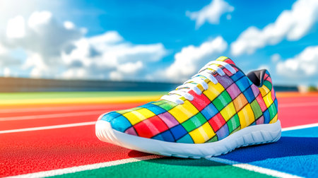 Colorful running shoe standing on a vibrant rainbow athletics track under a sunny skyの素材