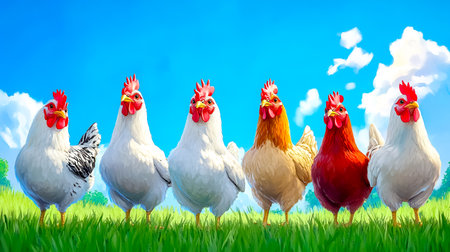 Colorful chickens pecking grass in green field under blue skyの素材