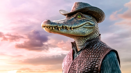 Alligator cowboy posing at sunset wearing leather vest and hatの素材