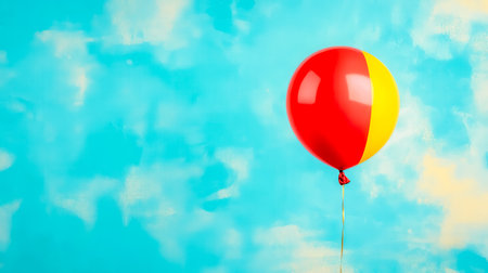 Red and yellow balloon floating on a sky blue backgroundの素材