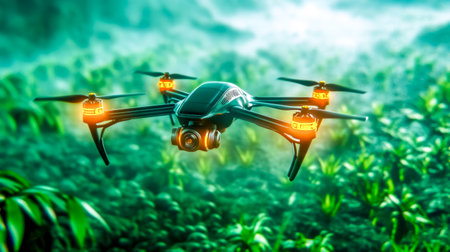 Drone flying over green crops capturing images for precision agricultureの素材