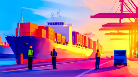 Dock workers inspecting cargo ship at sunset in a vibrant portの素材