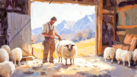 Farmer shearing sheep in rustic barn with mountain viewの素材