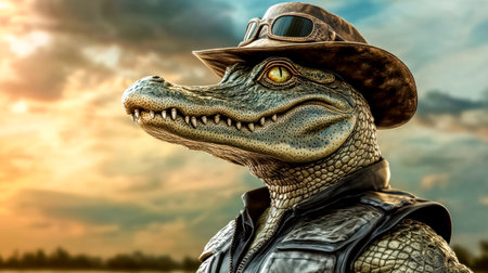 Alligator wearing a leather vest and hat at sunsetの素材