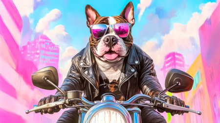Biker dog wearing leather jacket and sunglasses riding motorcycle in a pink cityの素材