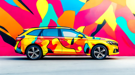 Colorful car parked in front of vibrant graffiti wallの素材