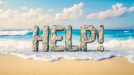 Big stone letters spelling help on a sandy beachの素材