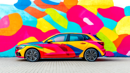 Colorful car parked in front of vibrant graffiti wallの素材