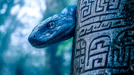 Blue snake sliding down an engraved tree trunk in jungleの素材