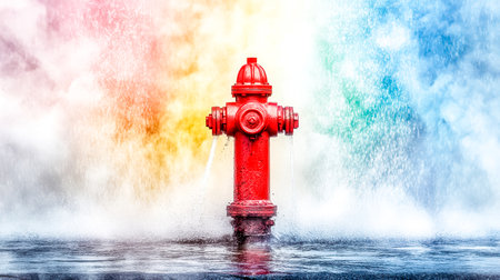 Broken fire hydrant spraying water with colorful smoke in backgroundの素材