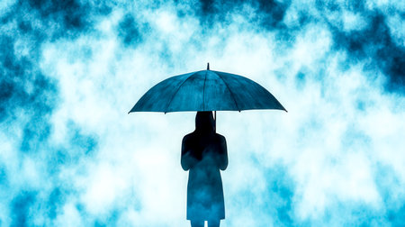Woman holding umbrella standing in blue fog during stormの素材
