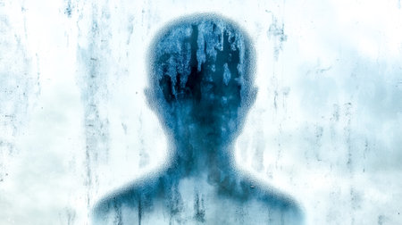 Shadowy figure emerging from fogged glass windowの素材