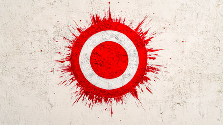 Shooting target painted on a white wall with red paint splatter effectの素材