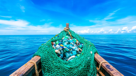 Fishing boat carrying plastic garbage in net on oceanの素材
