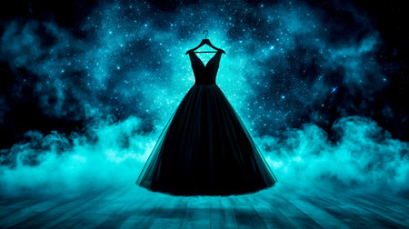 Elegant gown hanging on a rack with cascading stars and smoke backgroundの素材