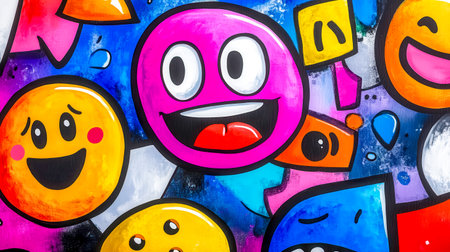 Colorful emojis and symbols representing modern digital slang are covering a wallの素材
