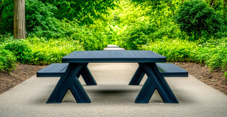 Modern picnic table with benches in lush green park settingの素材