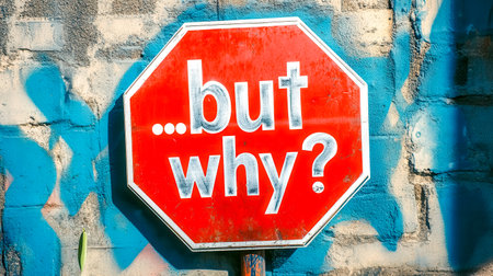 Red stop sign with graffiti asking but why on brick wallの素材
