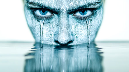 Water dripping from a silver painted face creates a reflective surface, enhancing an eerie and surreal atmosphere while revealing intense blue eyes that capture attentionの素材