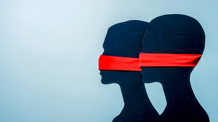 Red tape is covering the mouths of stylized silhouettes representing censorship, freedom of speech restrictions, and the suppression of dissenting voicesの素材