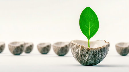 Vibrant green sprout is emerging from a single seed planted in a nutshell. While other empty nutshells are lined up in the background. Symbolizing growth. Potential. And standing out from the crowdの素材