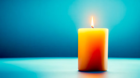 Single lit yellow candle is glowing softly, emitting a warm, inviting light in a dark room, creating a serene and peaceful atmosphere against a teal backdropの素材