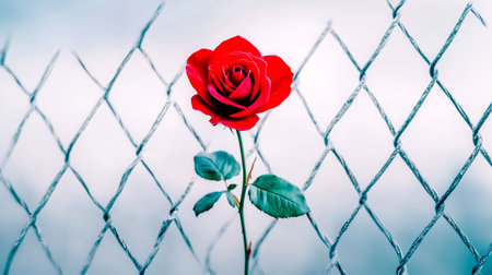 Single red rose blooms defiantly through the gaps of a metal fence, symbolizing hope, resilience, and the enduring power of beauty in the face of adversityの素材