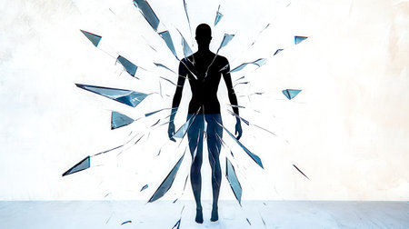 Silhouetted figure behind a fragmented mirror, representing inner turmoil and emotional distress while illustrating the complexities of mental health strugglesの素材