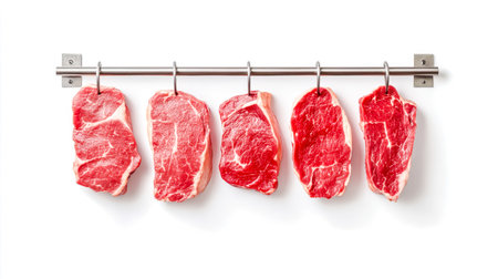 Five cuts of beef hanging on a stainless steel rack on a white background, showcasing their red color and texture, creating a visual appeal to meat lovers and culinary enthusiastsの素材