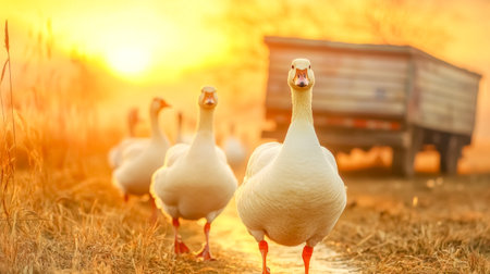 Flock of white geese walking across a farmyard at sunrise, approaching a small trailer bathed in the golden morning light, creating a picturesque and tranquil rural sceneの素材