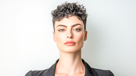 Studio portrait of a confident transgender woman with a stylish modern haircut, wearing a blazer and posing against a white background, showcasing her unique beauty and styleの素材