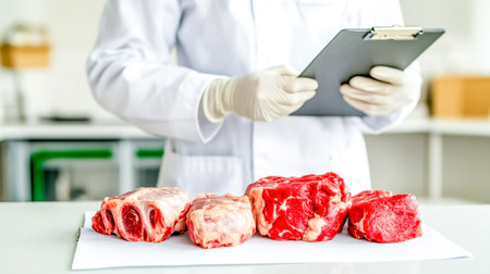 Quality control worker wearing a lab coat and gloves, inspecting meat cuts while taking detailed notes on a clipboard in a food testing laboratory dedicated to ensuring safety and qualityの素材