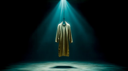 Spotlight shining on a straitjacket hanging from a metal hook in a dark room, evoking themes of mental illness, confinement, and psychological distressの素材