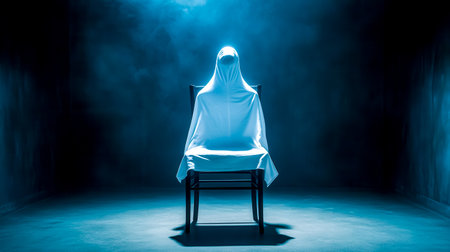 White ghost costume draped over chair in empty dark room with smoke and blue light, creating a spooky and mysterious atmosphere for halloween or horror conceptsの素材