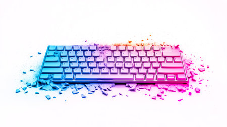 Gradient colored computer keyboard with missing keys breaking apart and disintegrating into colorful pieces on a white background, representing destruction, obsolescence, and technological changeの素材