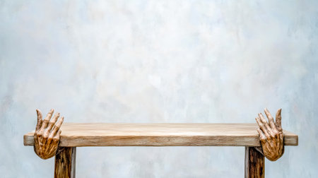 Empty wooden tabletop supported by sculpted human hands creates a unique artistic display against a textured gray backdrop, perfect for surreal product showcasesの素材