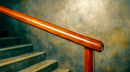 Polished wooden handrail elegantly curving down a concrete staircase in a modern building, blending natural and industrial design elementsの素材