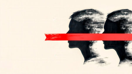 Red tape covering the mouths of two shadowy silhouettes symbolizes censorship and the suppression of free speech, highlighting the ongoing struggle for individual rights in societyの素材