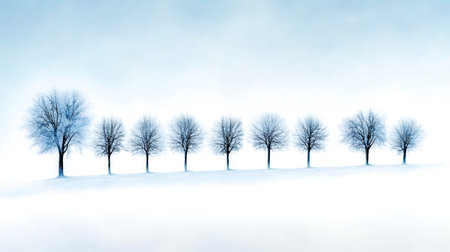 Minimalist winter landscape featuring a row of snow covered trees gradually disappearing into a thick fog, creating a serene and ethereal atmosphereの素材