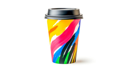 Vibrant and colorful abstract design adorns disposable paper coffee cup with black lid, isolated on white background, offering a cheerful and artistic touch to everyday beverage consumptionの素材