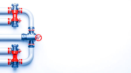 Complex network of industrial pipes and valves with prominent red handles attached to a white wall, creating a visually striking arrangement with copy spaceの素材