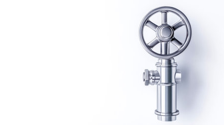 Polished metal valve with a wheel handle is attached to a pipe, showcasing industrial engineering and mechanical design. The gleaming surface highlights precision craftsmanshipの素材