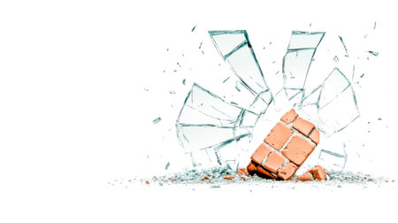 Pieces of glass exploding outward as a brick crashes through a window, creating a gaping hole and scattering shards and debris across a stark white backgroundの素材