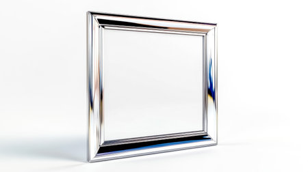 Empty chrome photo frame leaning against a clean white background, reflecting light beautifully. Ideal for showcasing artwork or photography in a modern and minimalist settingの素材