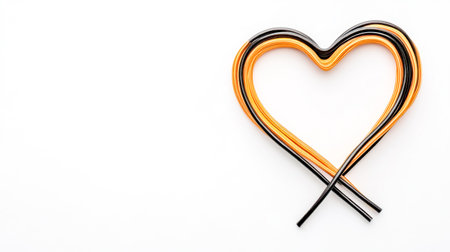 Orange and black cables intertwining to form a heart shape against a white background, representing love and connection within the realms of technology and communicationの素材